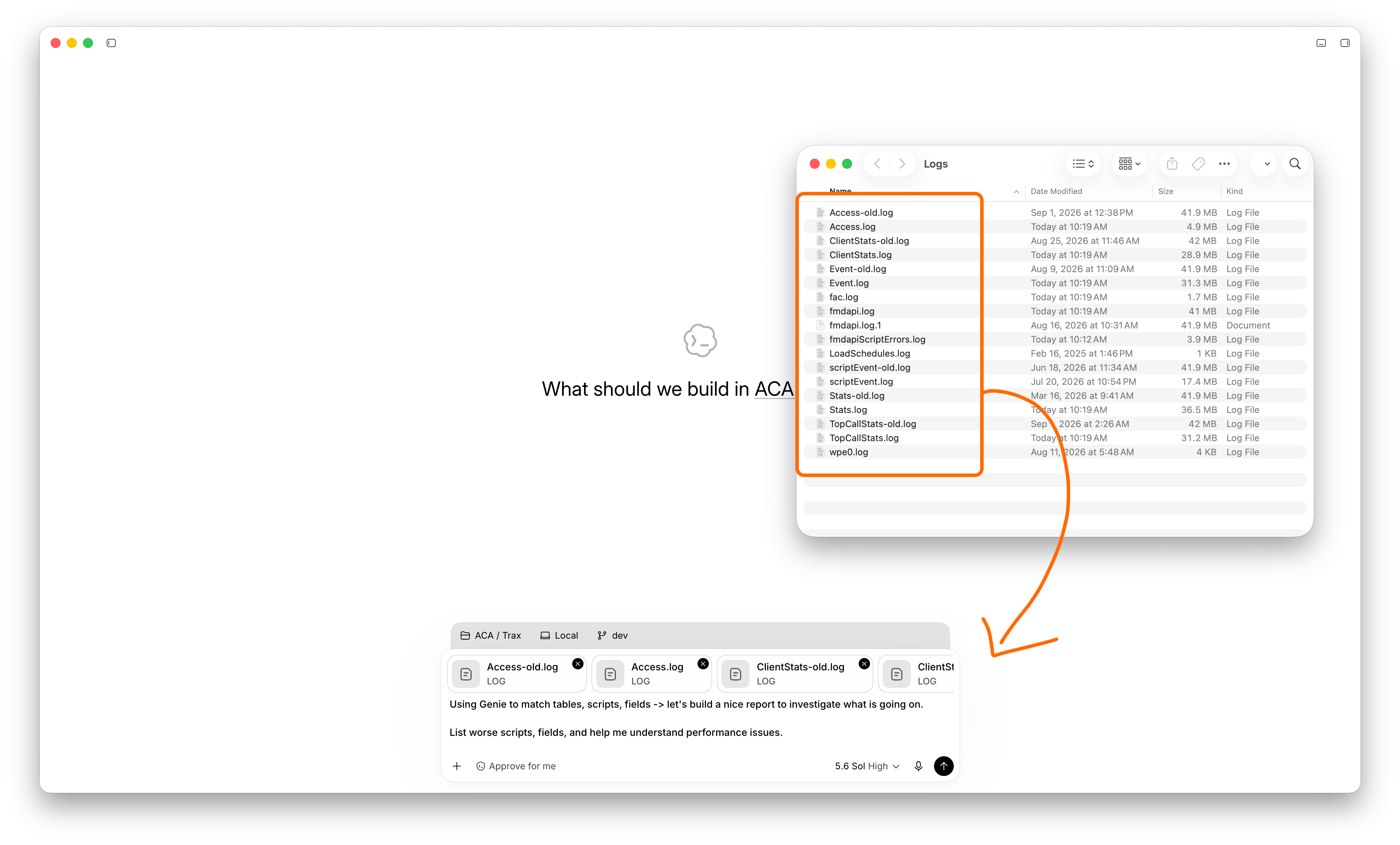 Des fichiers journaux de FileMaker Server sont ajoutés à une conversation Codex.