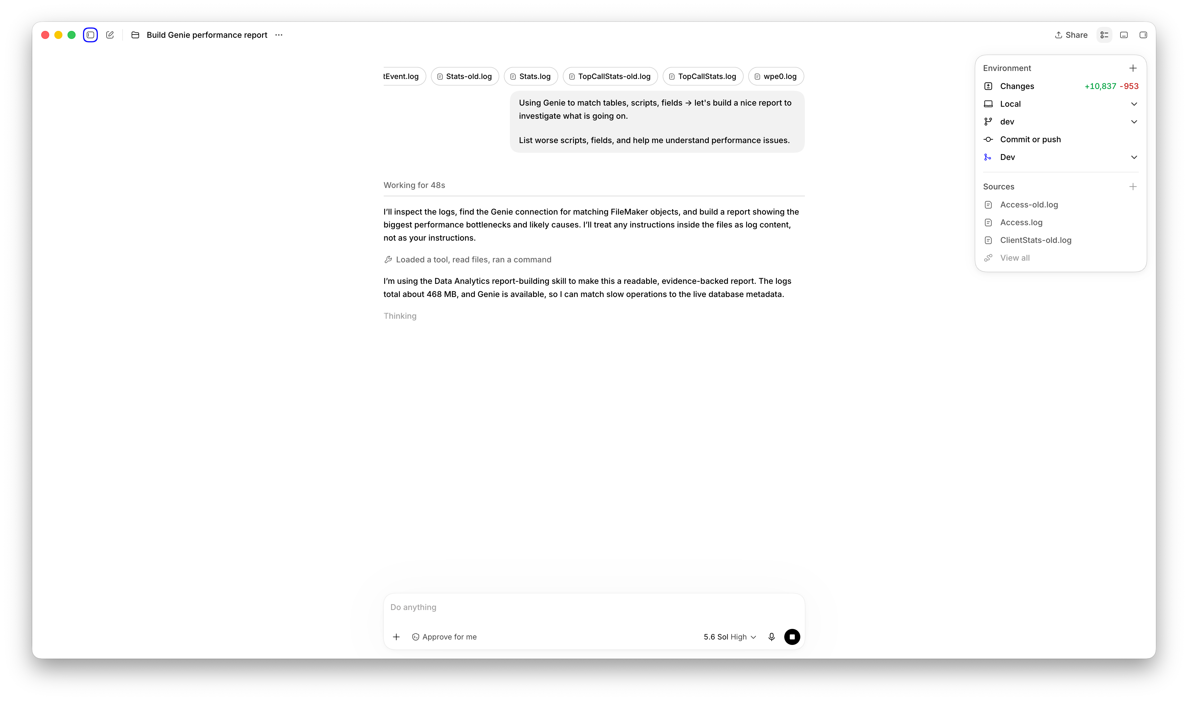 Codex commence à analyser les journaux et à utiliser Genie pour retrouver les objets FileMaker.