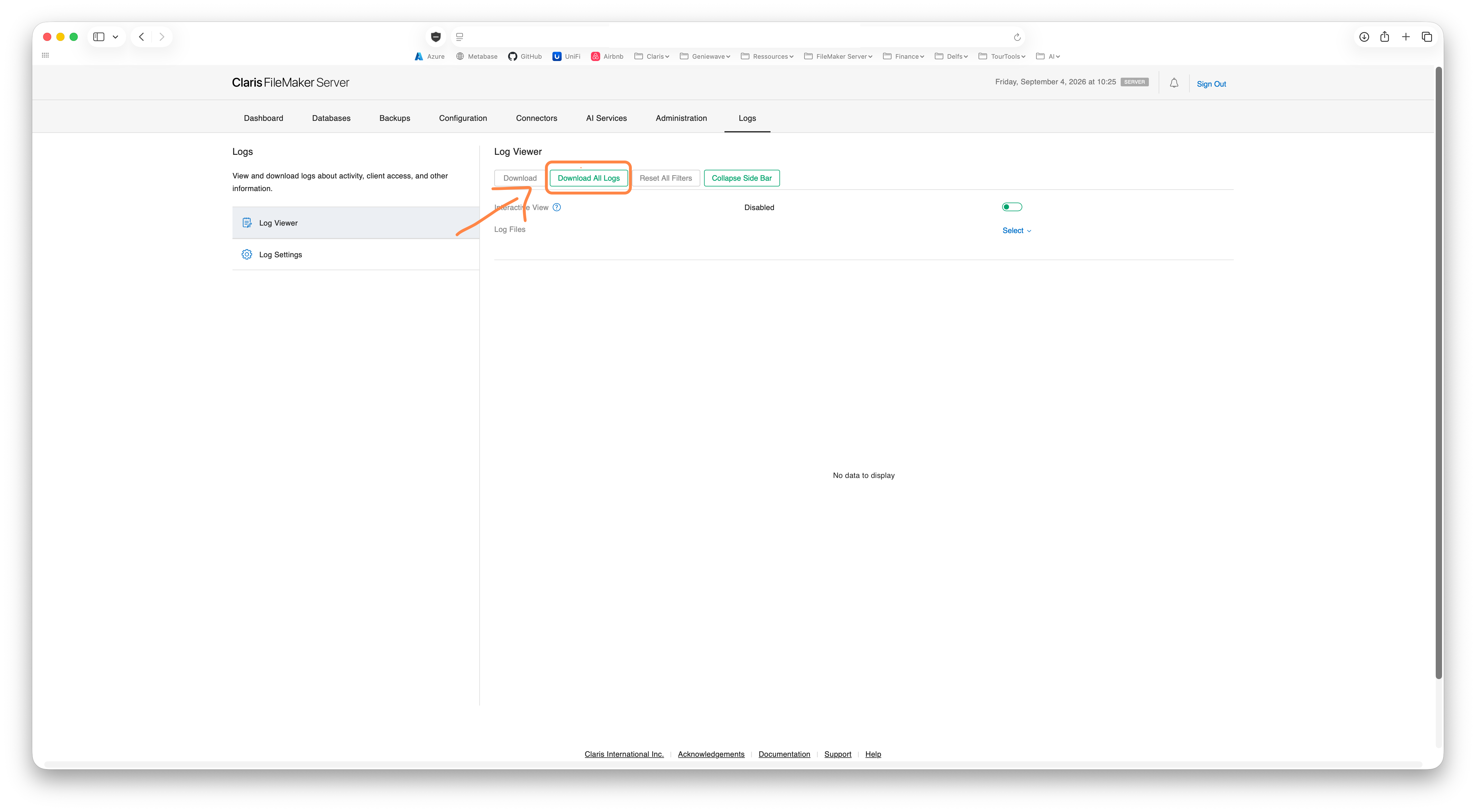 Console FileMaker Server, onglet Logs, avec le bouton Download All Logs mis en évidence.