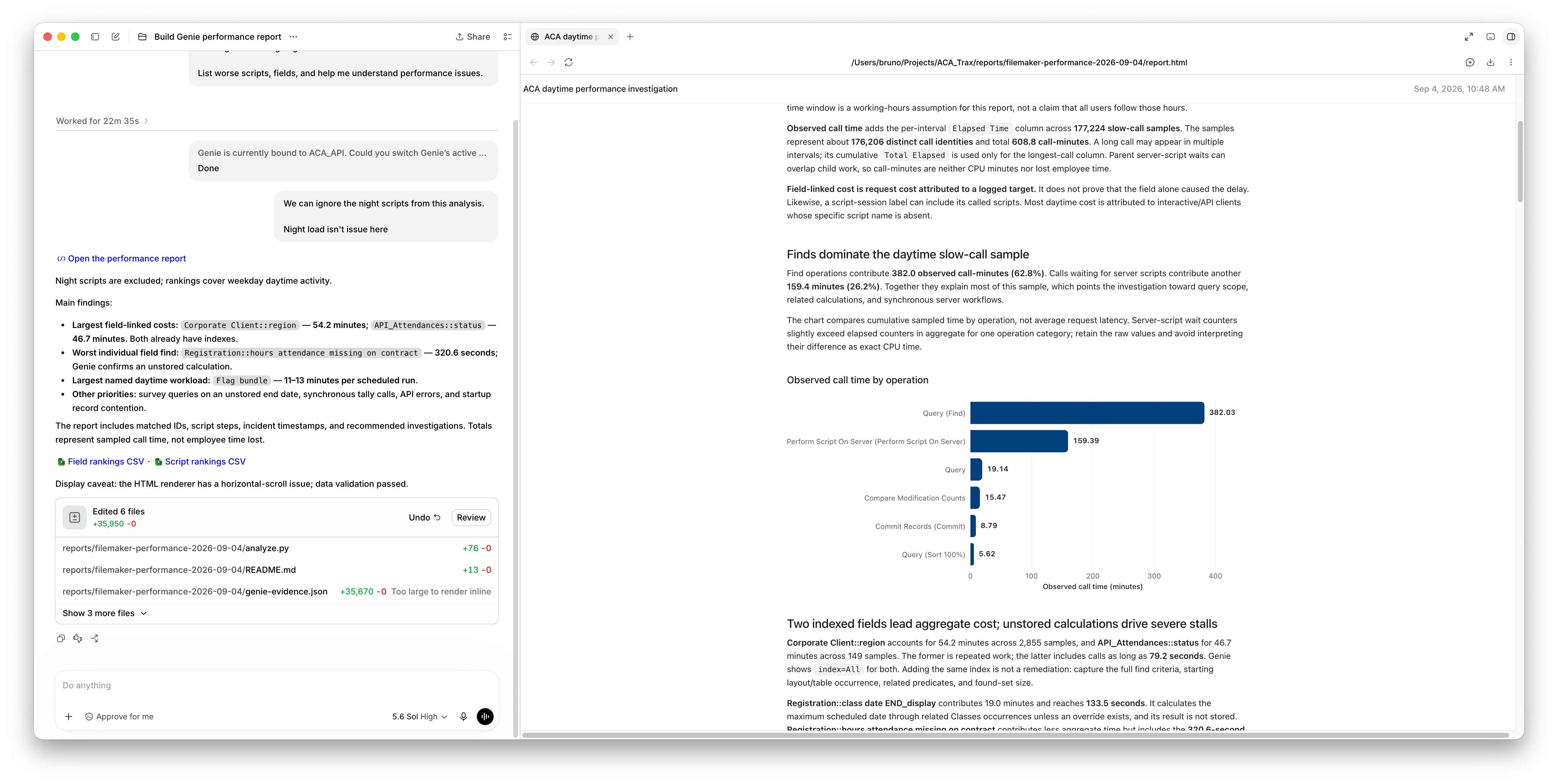Rapport de performance FileMaker avec classement des opérations lentes.