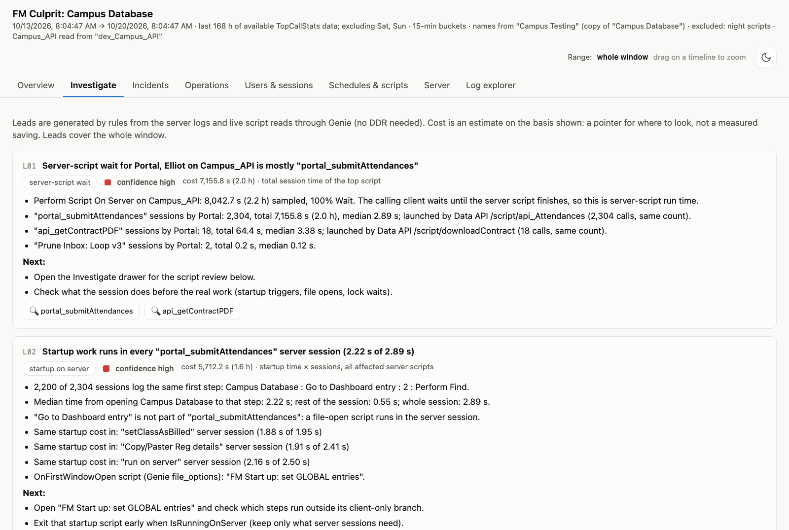 The Investigate tab: two high-confidence leads with their evidence, estimated cost and next steps.