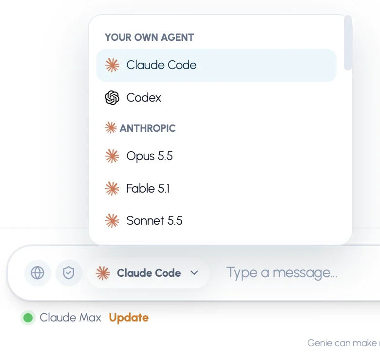 The model menu with the Your own agent group at the top
