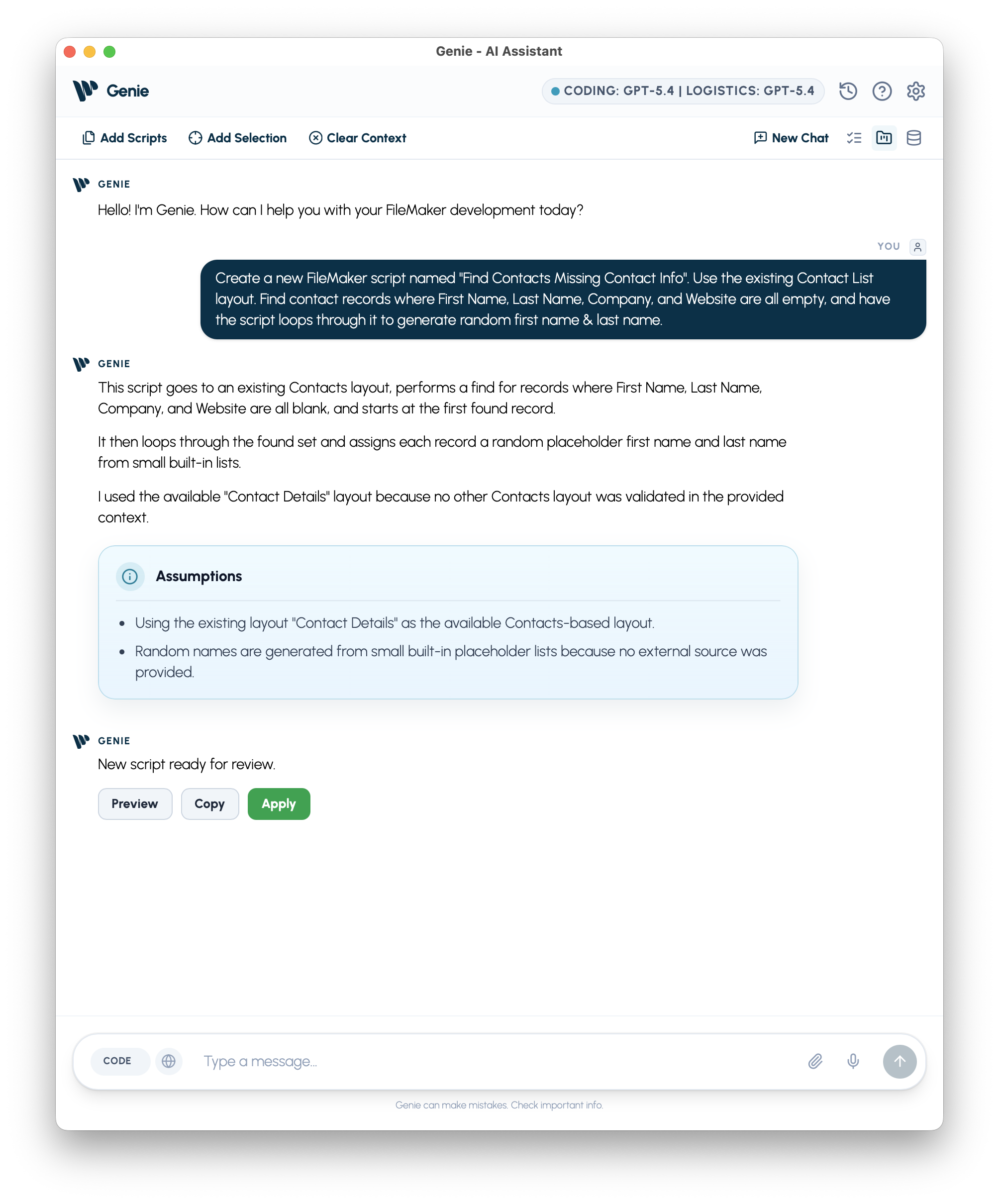 Genie generates the new script from our prompt & metadata