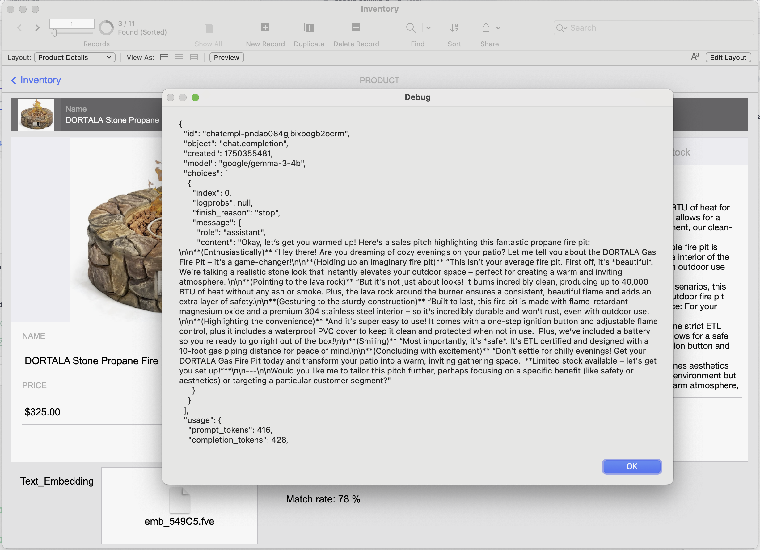Debug dialog showing the full JSON response returned by the LLM.
