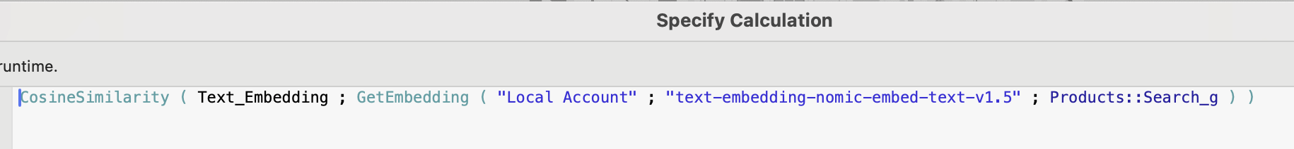 Formula to calculate the cosine similarity between the search query and each result.