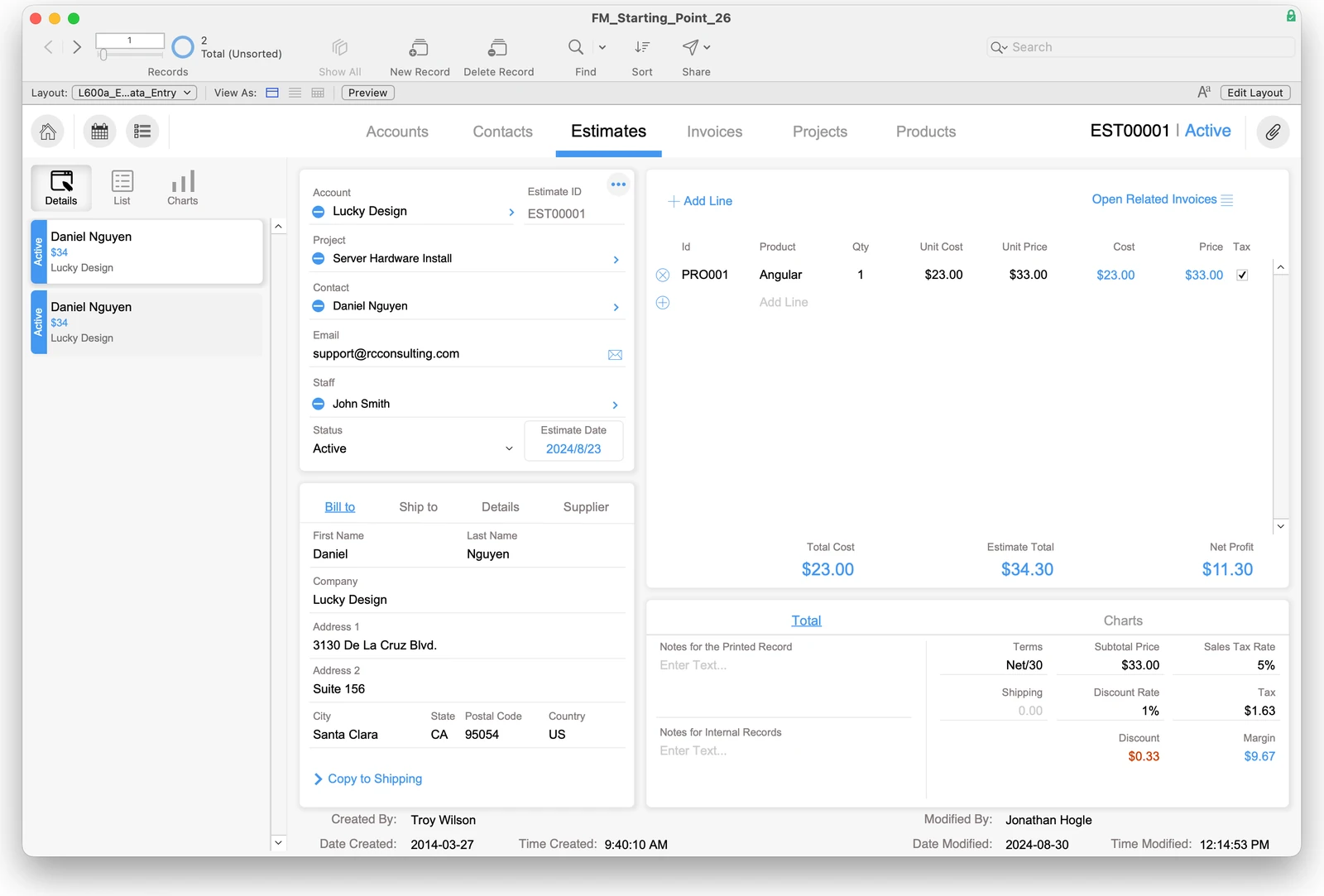 Le modèle de saisie Estimates dans FileMaker Pro.