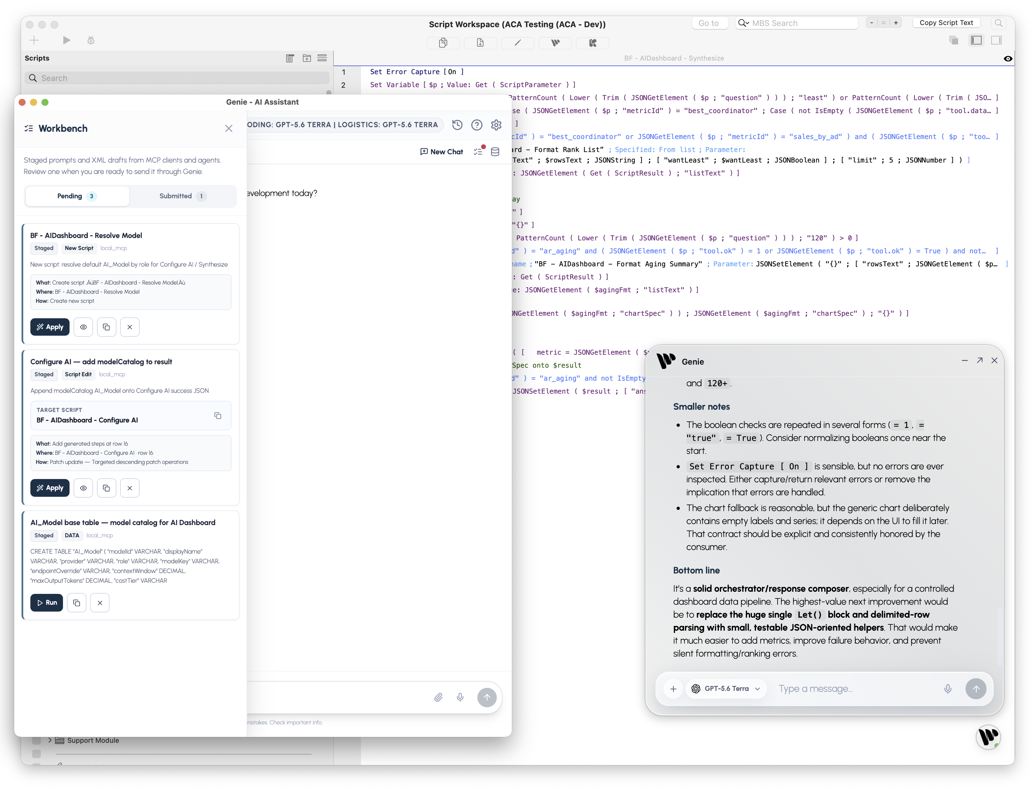 Script Workspace FileMaker avec le Workbench Genie ouvert à gauche et l’assistant Genie qui répond à une question.