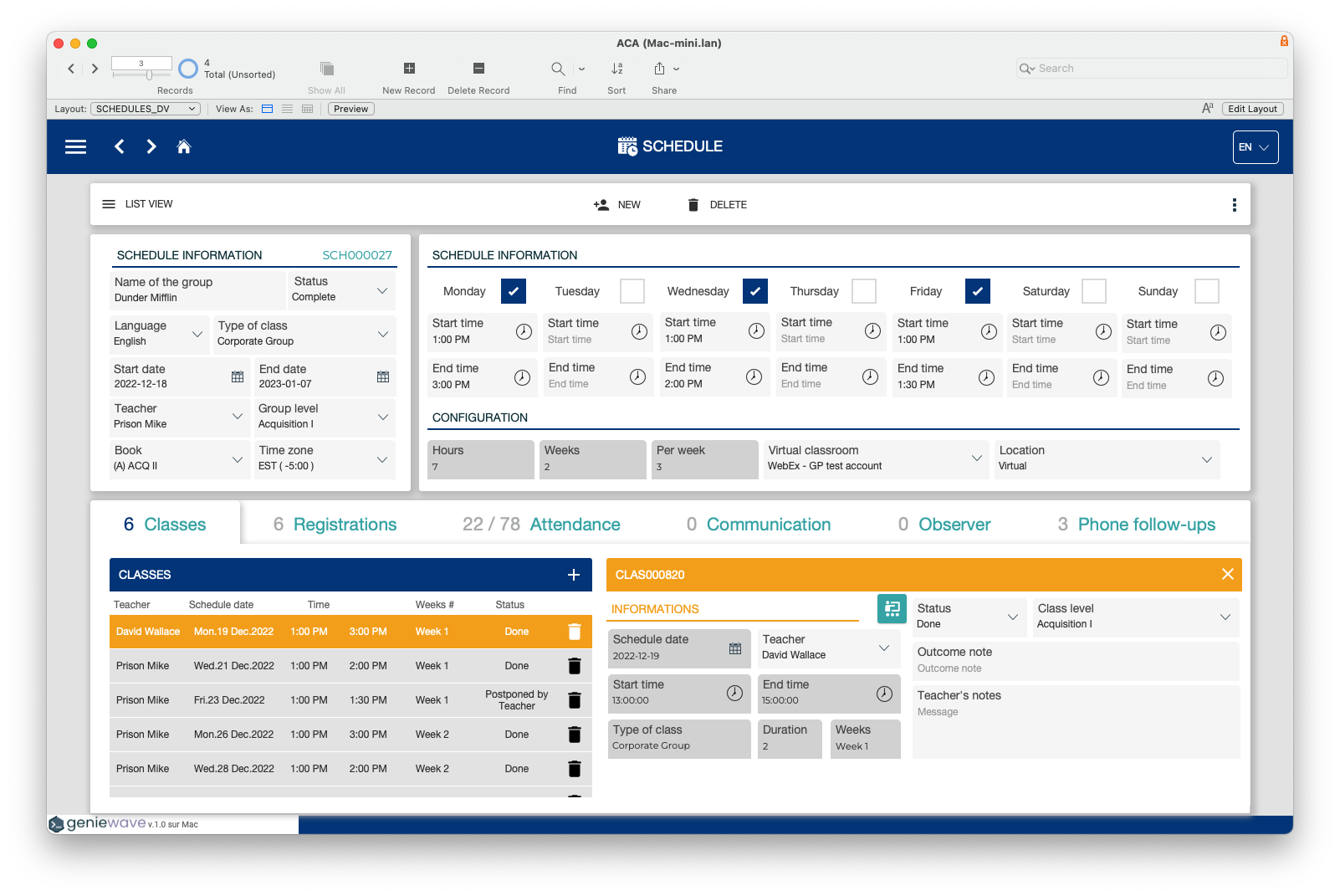 Digital schedule management interface showing weekly class schedule, class details, and registration information.