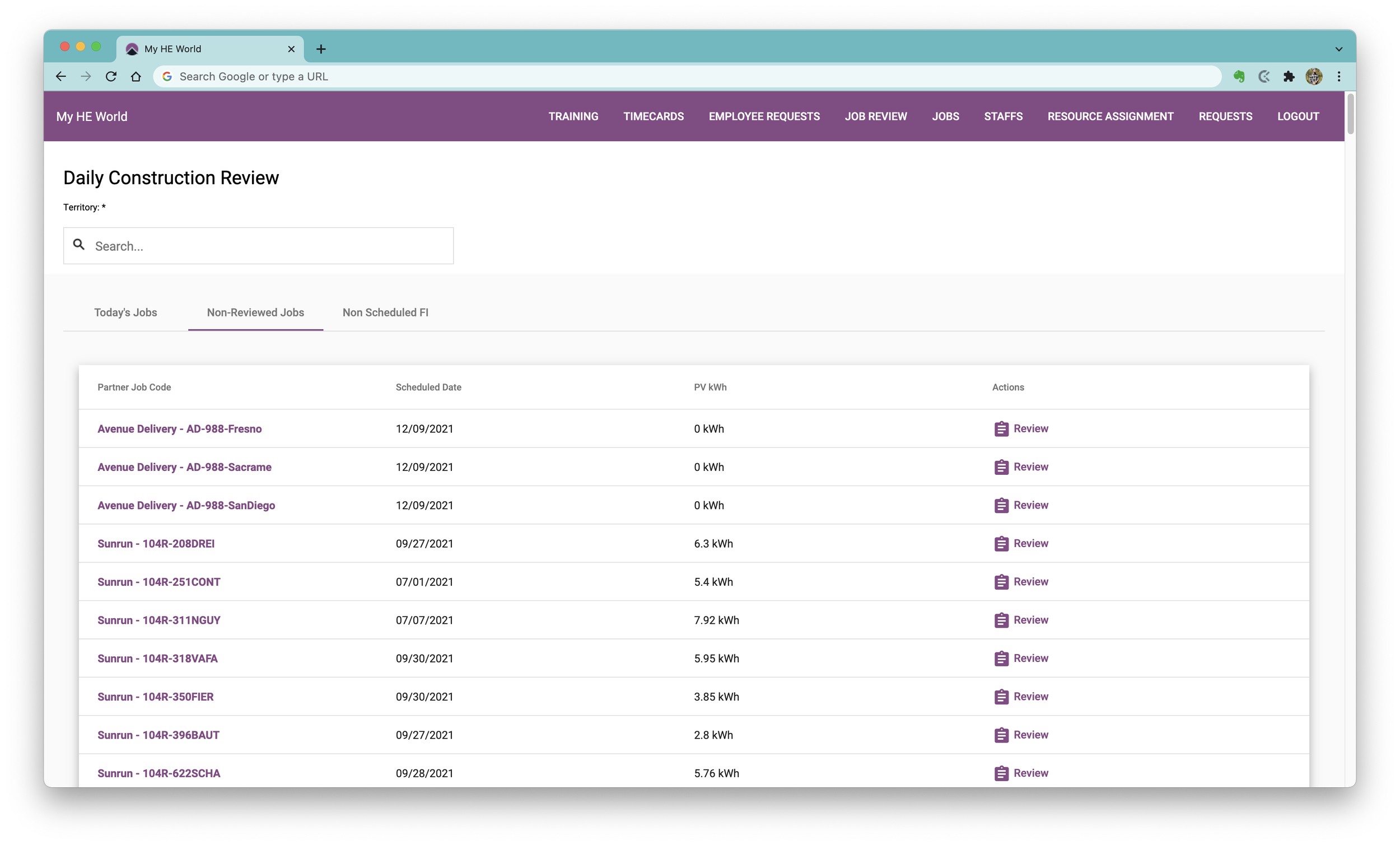 Screenshot of a web page titled 'Daily Construction Review' with a table listing job codes, scheduled dates, PV kWh, and review actions. The webpage belongs to 