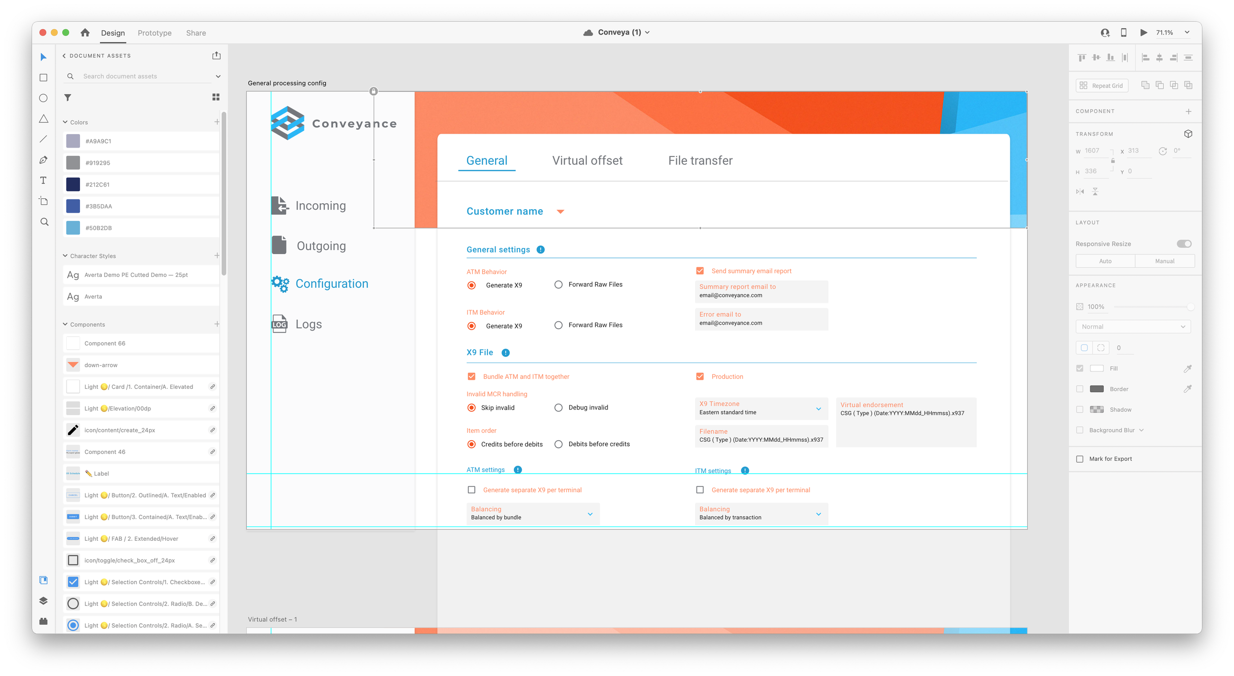 Screenshot of a design software interface showing a project related to customer configuration settings for a system called Conveyance. The interface includes a 