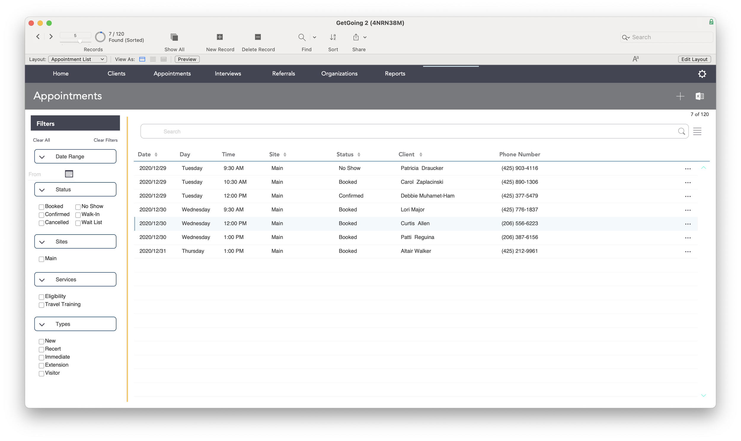 Screenshot of an appointment management software interface showing a list of appointments with details such as date, day, time, site, status, client, and phone 