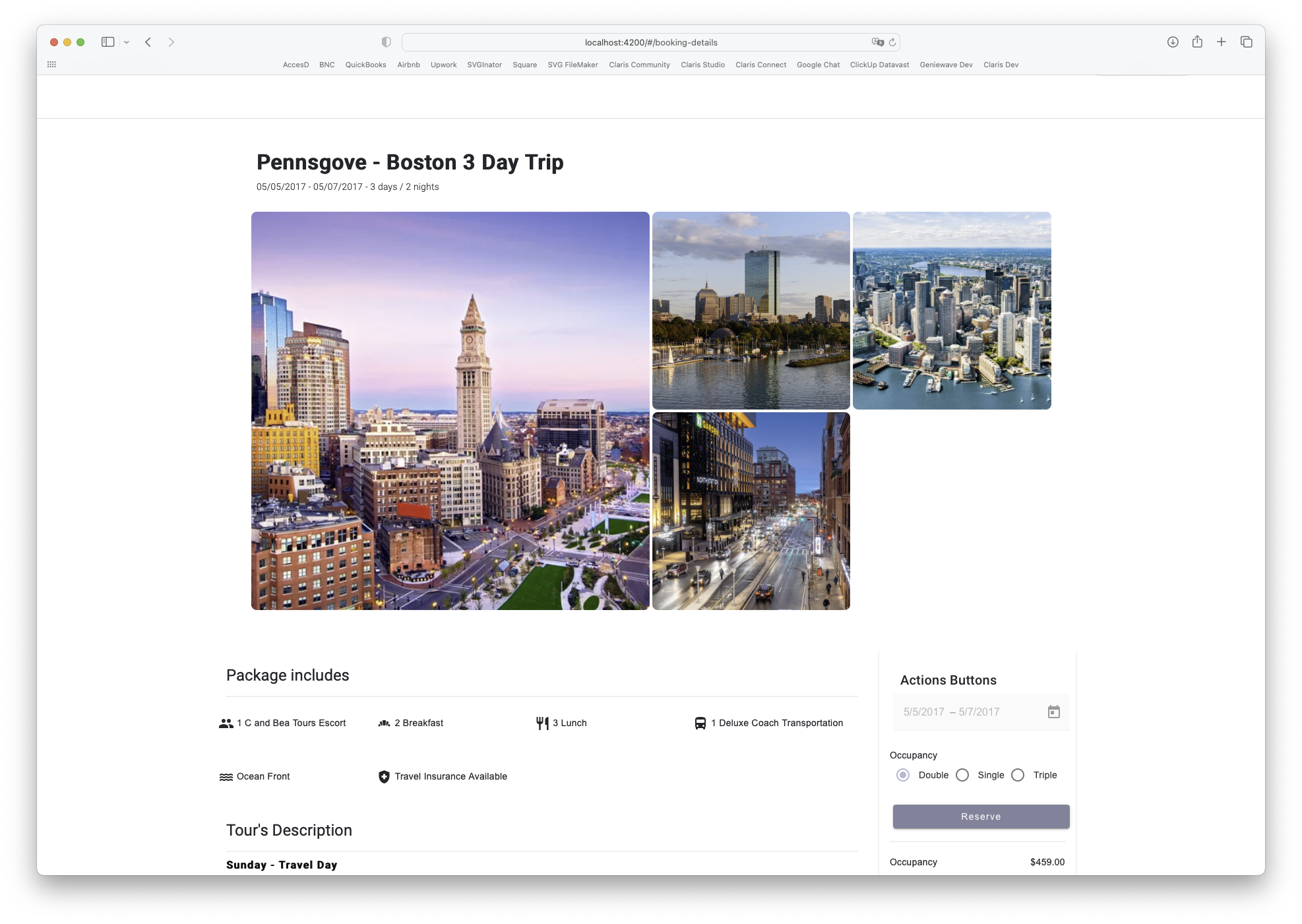 Web page showing a booking detail for a Penns grove - Boston 3 day trip, with four photos of Boston landmarks and cityscape, along with details of included amen