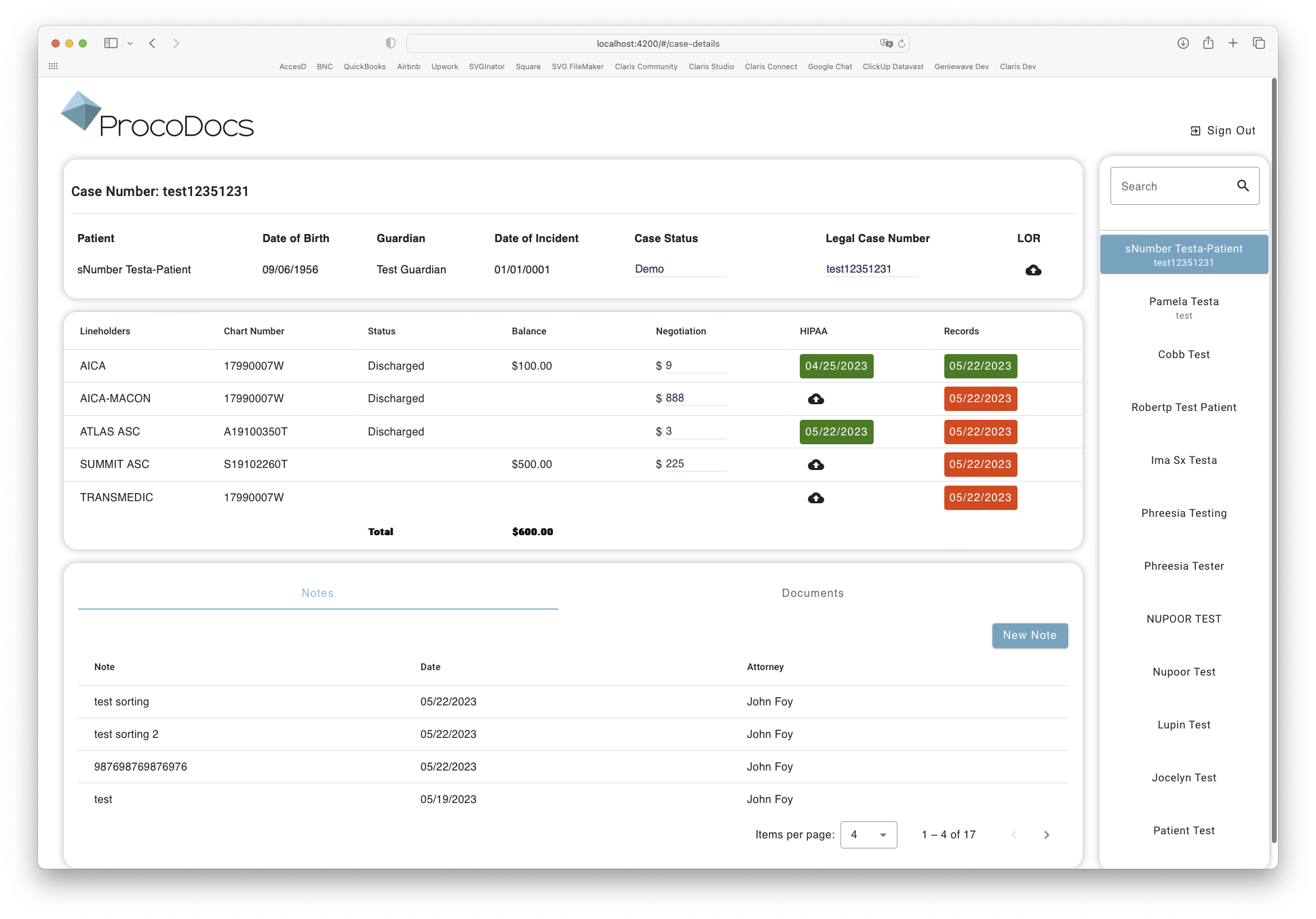 Screenshot of a healthcare patient management system titled ProcoDocs. Shows patient case details, including case number, patient info, case status, legal case 