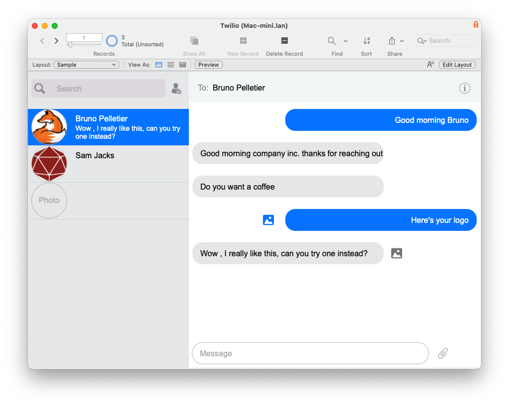 Screenshot of a Twilio messaging app showing a conversation between Bruno Pelletier and Sam Jacks. The conversation includes messages about liking a message, re