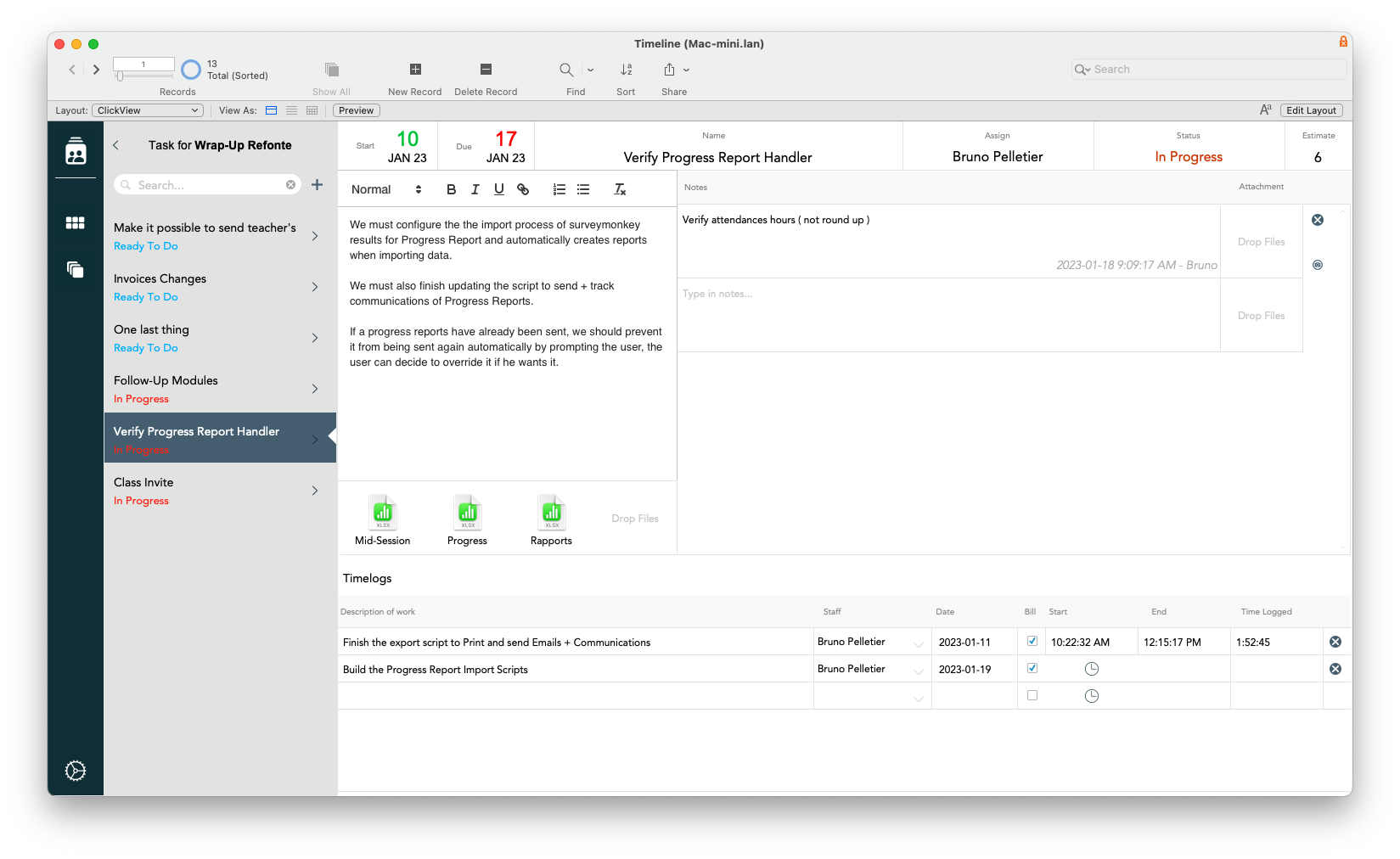 A project management software interface showing a task list with details, progress status, and attached files.