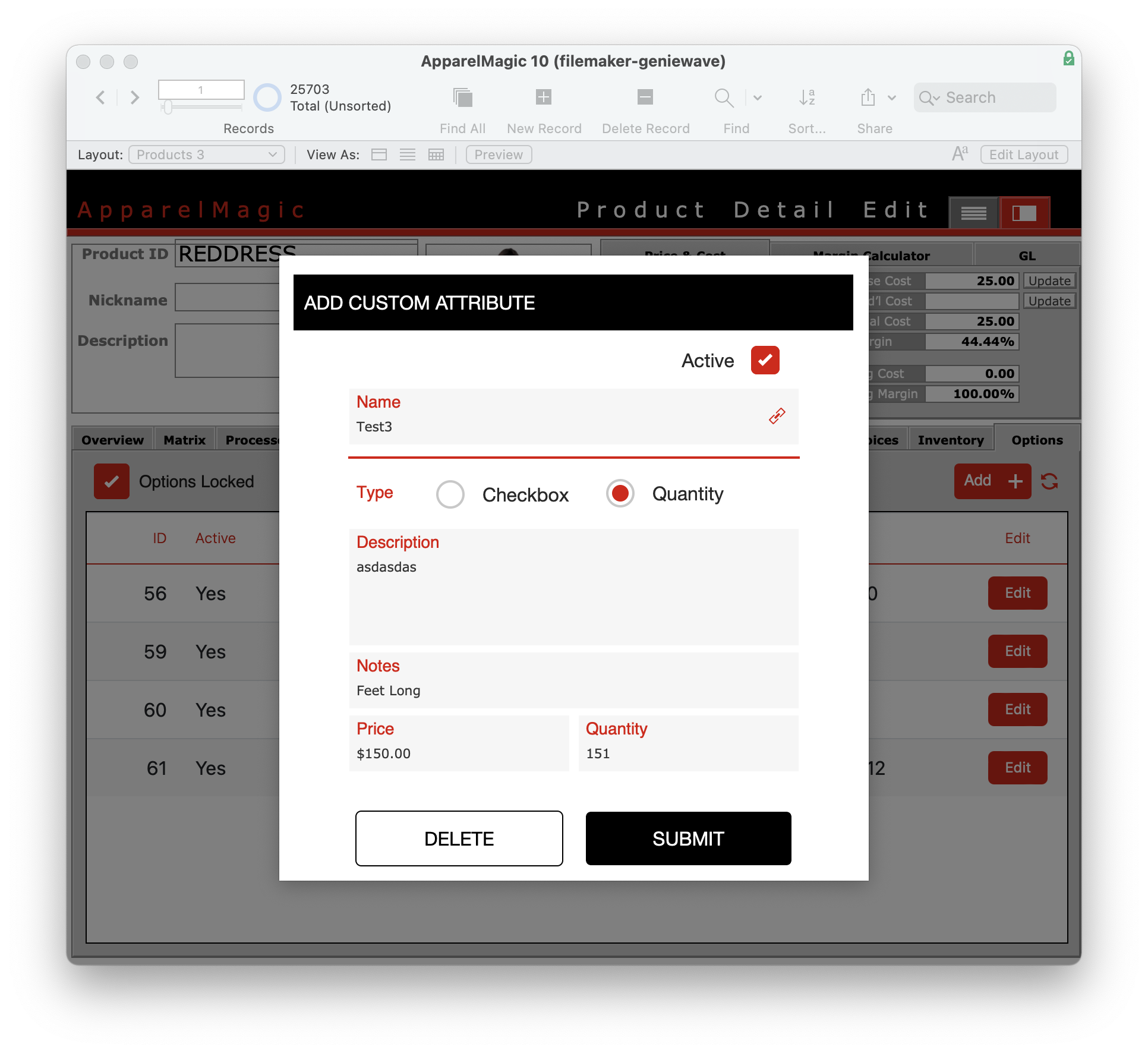 Screenshot of an apparel product management software interface showing a popup for adding a custom attribute, with fields for name, type, description, notes, pr
