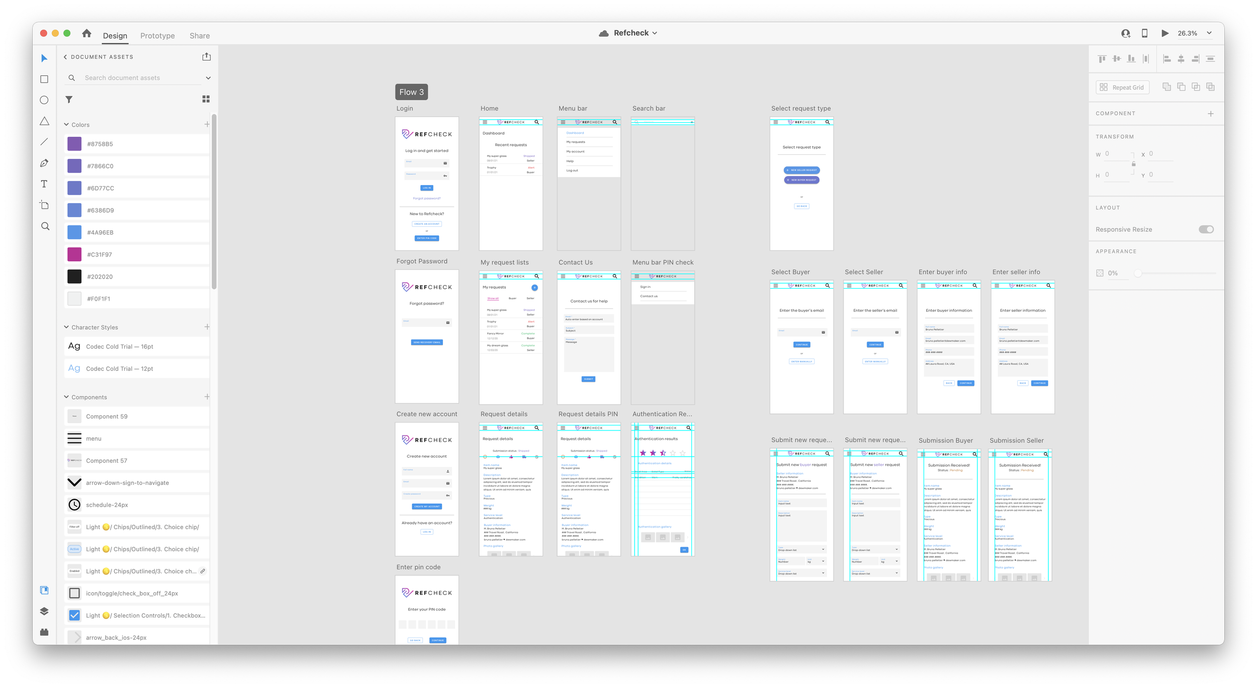 Screenshot of a design file showing multiple mobile app screens for a project called REF Check, including login, home, menu, search, request details, and submis
