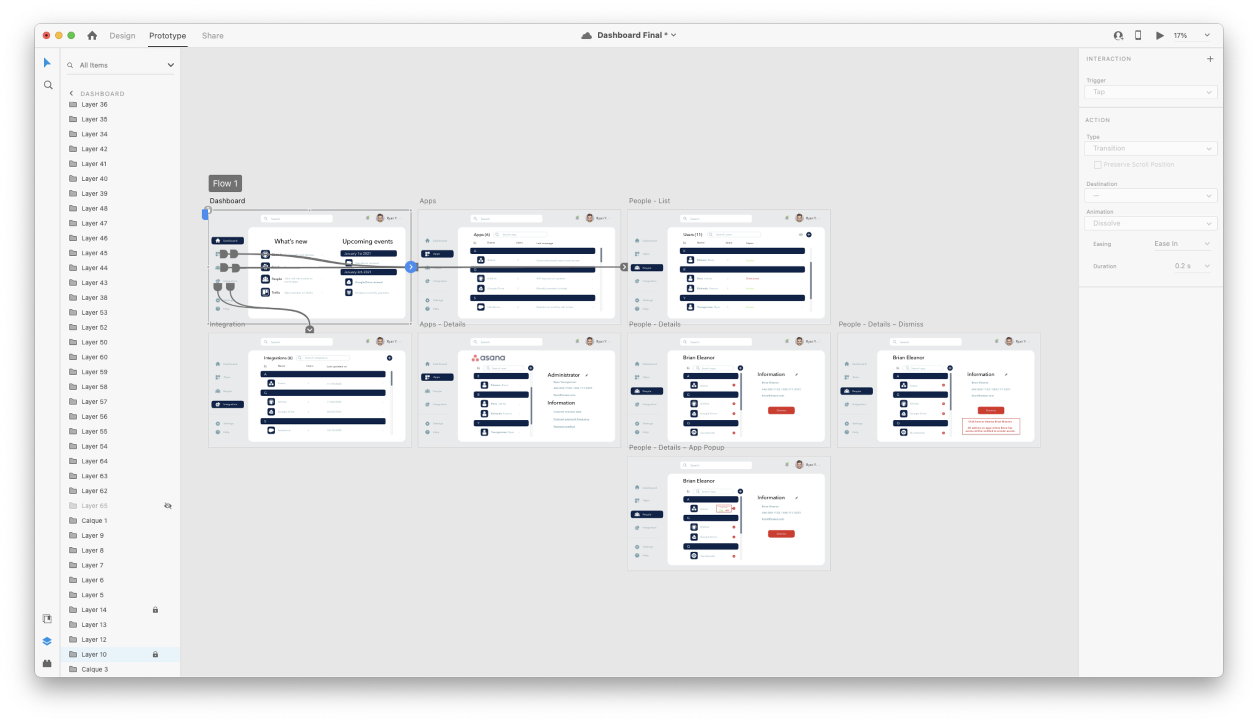 Screenshot of a digital design interface showing a user flow diagram for a mobile app, with various screens and layers listed on the left side.