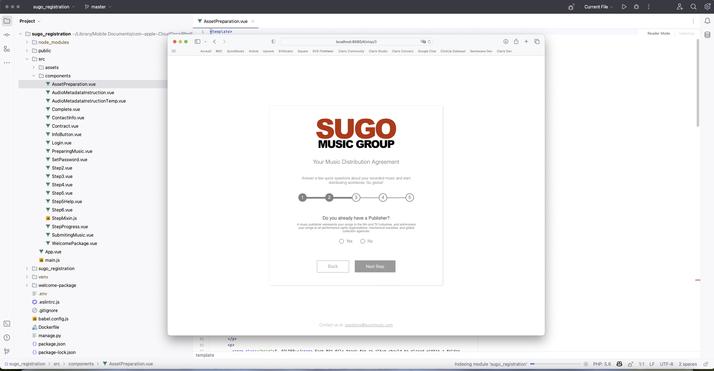 Music distribution agreement form with SUGO Music Group logo and a question about having a publisher, showing Yes and No options, and navigation buttons.