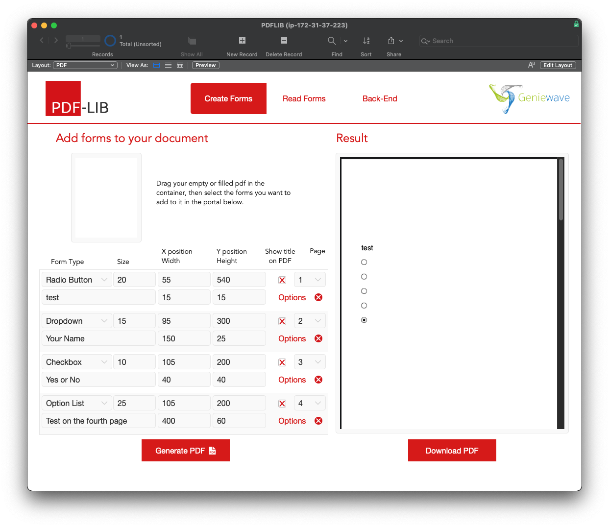 Screenshot from PDF-LIB FileMaker Integration